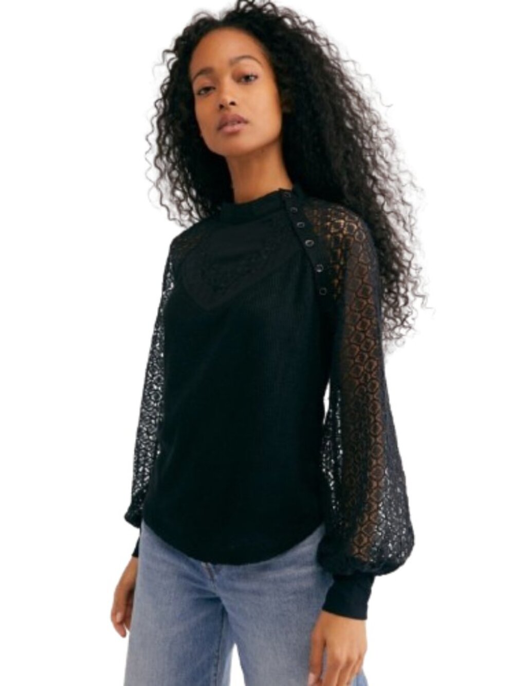 Free People Sweetest Thing Lace Waffle Knit Thermal Top Black